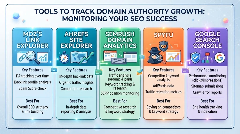 Infographic titled 'Tools to Track Domain Authority Growth: Monitoring Your SEO Success' comparing five tools: Moz's Link Explorer, Ahrefs Site Explorer, SEMrush Domain Analytics, SpyFu, and Google Search Console, detailing key features and best uses for each.
