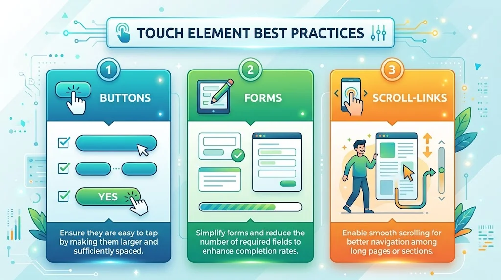 Infographic titled 'Touch Element Best Practices' highlighting recommendations for mobile UX: well-spaced buttons, simplified forms, and smooth-scrolling links.