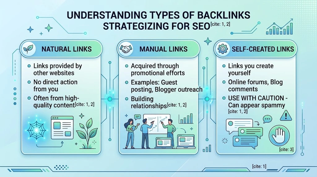 Infographic detailing three types of backlinks for SEO: Natural Links, Manual Links, and Self-Created Links.