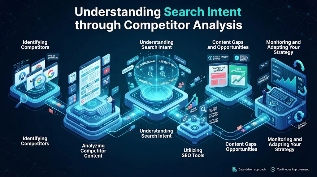 Infographic titled 'Understanding Search Intent through Competitor Analysis' outlining six key steps: Identifying Competitors, Analyzing Competitor Content, Understanding Search Intent, Utilizing SEO Tools, Content Gaps and Opportunities, and Monitoring and Adapting Your Strategy.