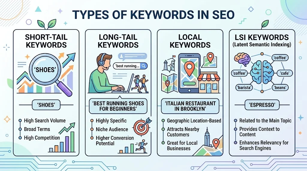 "Infographic titled 'Types of Keywords in SEO' breaking down short-tail, long-tail, local, and LSI keywords with icons and descriptions."