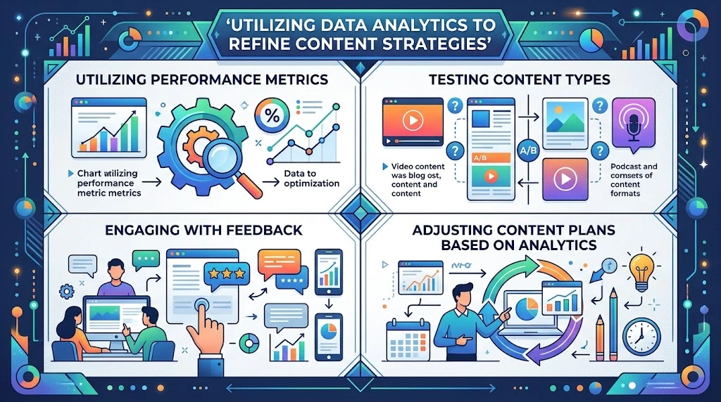 Infographic on utilizing data analytics to refine content strategies, covering performance metrics, testing content types, feedback, and adjusting plans.