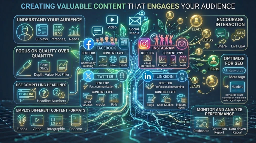 An infographic of a digital "Content Growth Engine" with branching data networks and strategy panels.