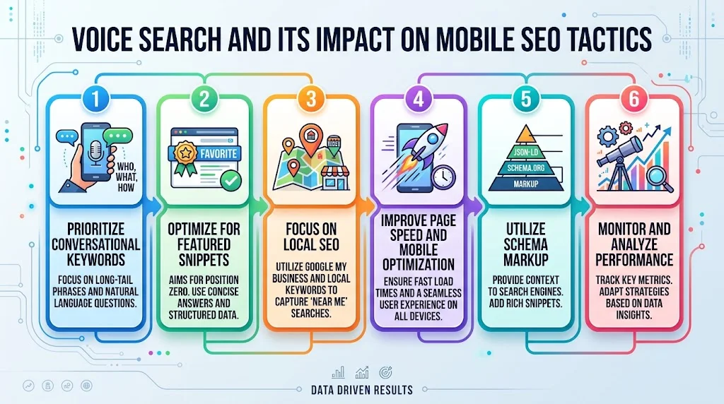 Infographic titled 'Voice Search and Its Impact on Mobile SEO Tactics' outlining six key strategies: prioritize conversational keywords, optimize for featured snippets, focus on local SEO, improve page speed, utilize schema markup, and monitor performance.