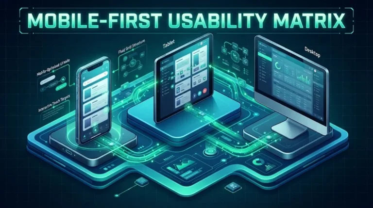 give me short alt text An isometric view of a multi-device ecosystem including a smartphone, tablet, and desktop syncing clean layouts via vibrant emerald green connectivity lines, titled 'Mobile-First Usability Matrix'