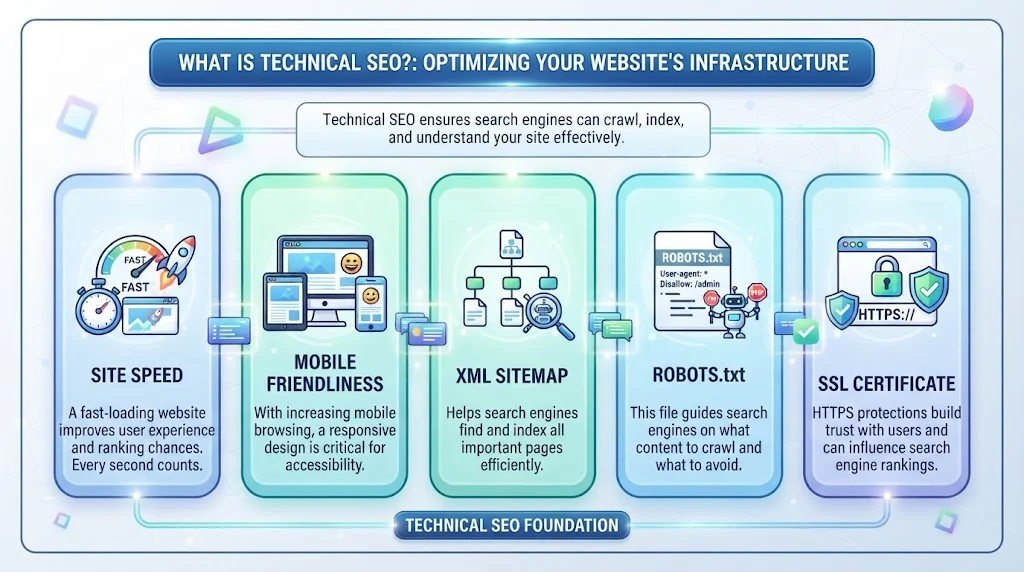 An infographic illustrating the five pillars of Technical SEO: Site Speed (speedometer), Mobile Friendliness (responsive devices), XML Sitemap (hierarchical map), Robots.txt (file and robot), and SSL Certificate (padlock shield), all within a glowing digital infrastructure.