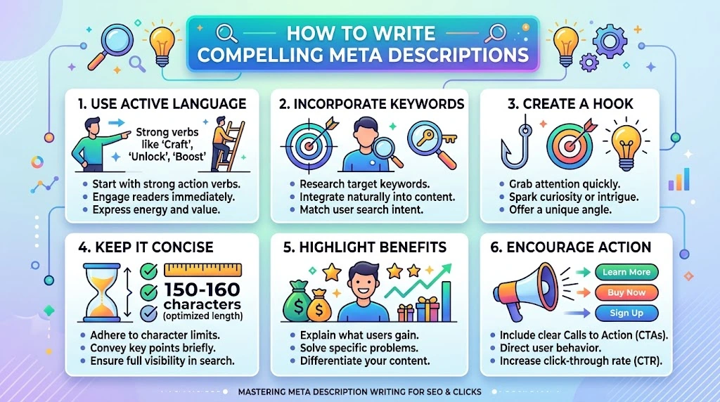 Infographic illustrating six key strategies for writing compelling meta descriptions, including active language, keyword incorporation, catchy hooks, concise character limits, highlighting benefits, and strong call-to-actions.