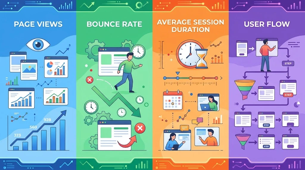 Infographic illustrating key website analytics metrics to focus on, including page views, bounce rate, average session duration, and user flow.
